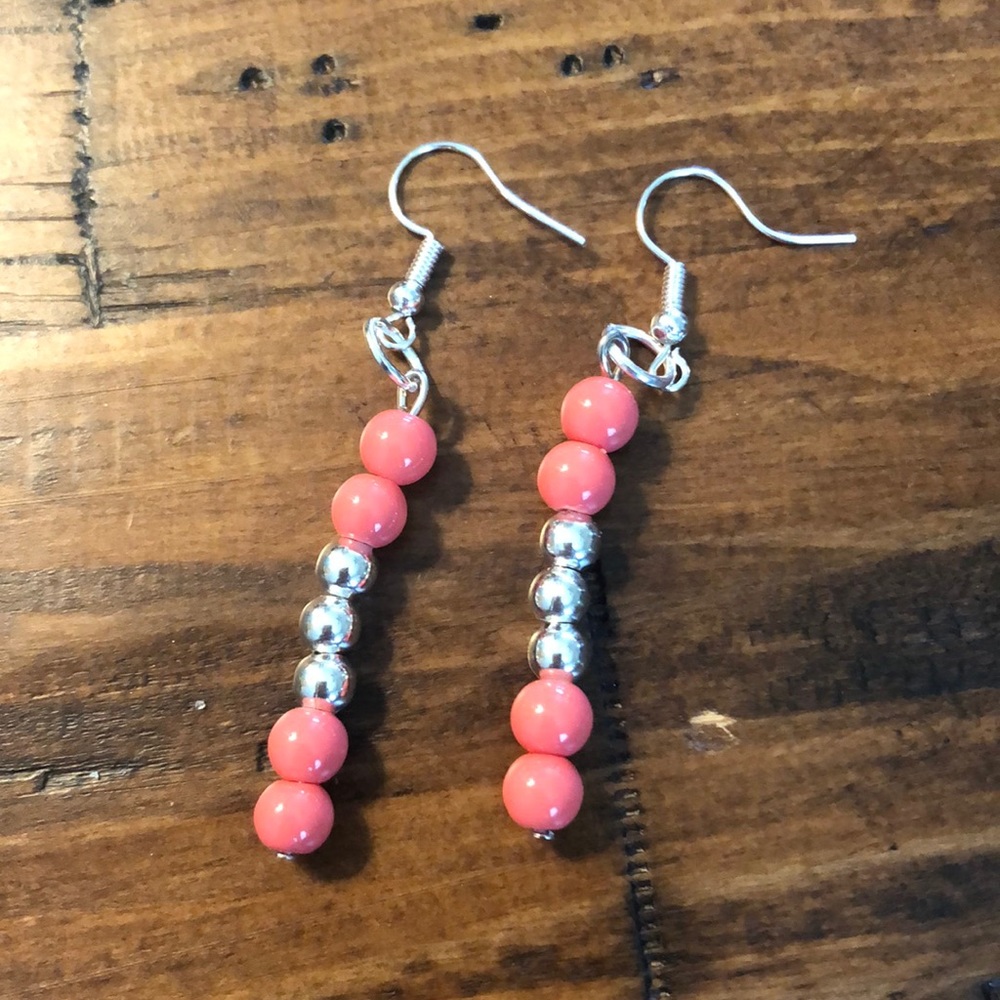 Coral and Silver Beaded Earrings